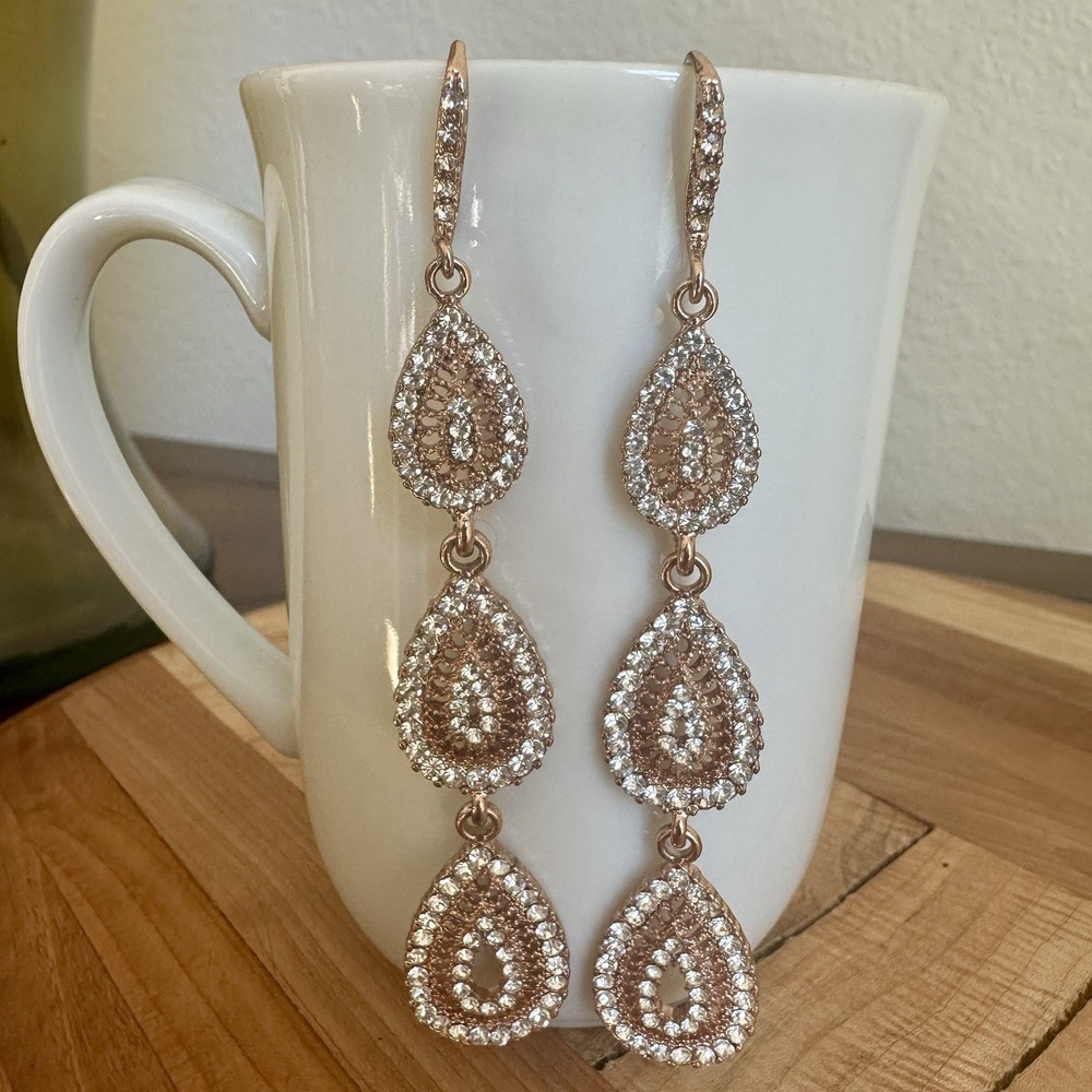 Vintage Teardrop Dangle‎ Drop Earrings 3.75 Inch Pave Clear Rhinestone Gold Tone